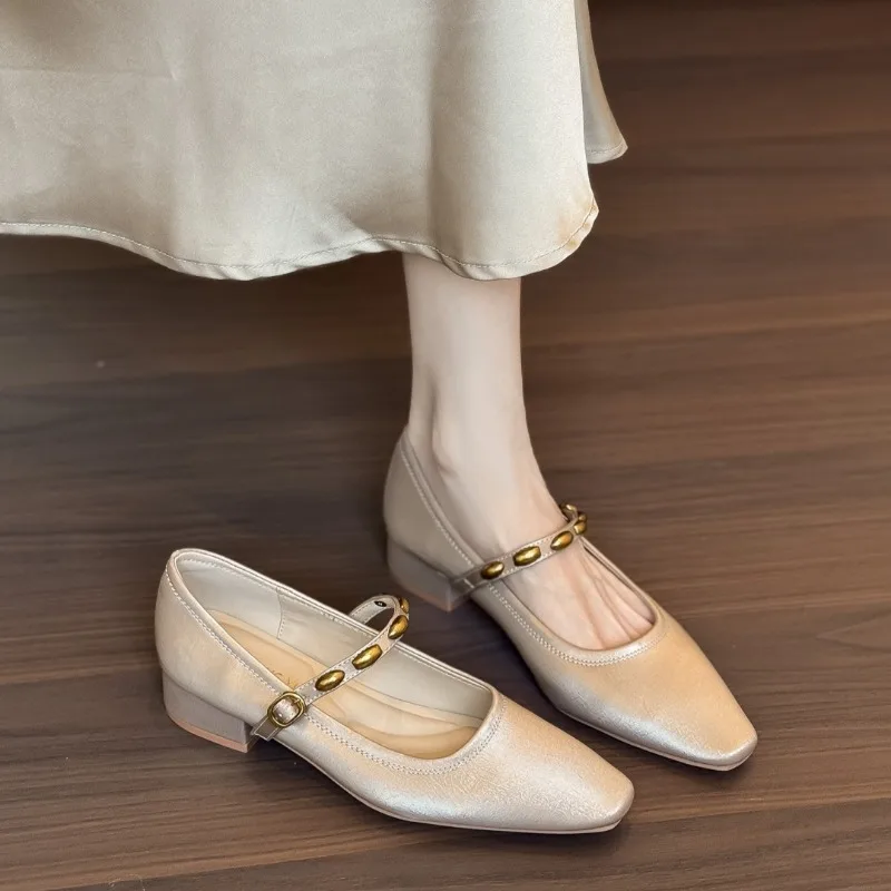 Elegant Women's Shoes Spring Comfort Mary Jane Shoes Retro Square Toe High Heels for Women Versatile Casual Shoe Sapato Feminino