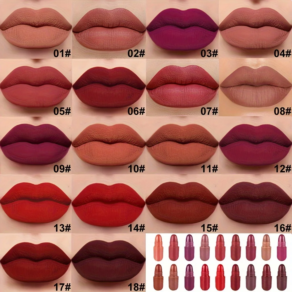 18 color capsule matte lipstick set bag, non stick cup, long-lasting waterproof, non fading matte lipstick