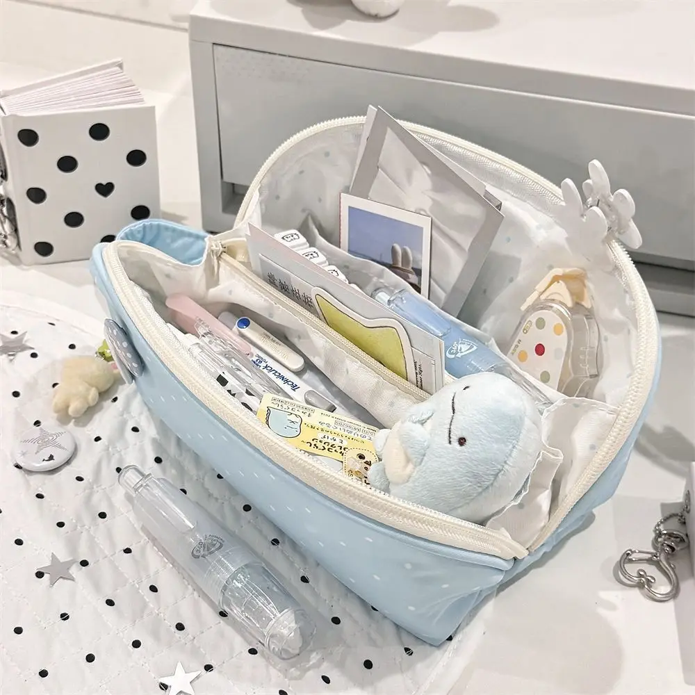 Aesthetic Blue Pencil Case Polka Dot Pattern with Handle Pen Bag Shell Shape Large Capacity Pencil Pouch Gift