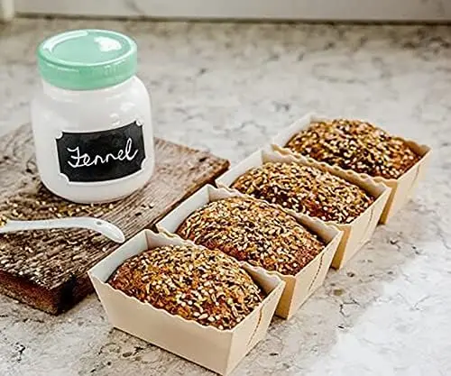 

Easy Bake Mini Loaf Cake Pans - 25pcs, Beige, 3 1/8'' x 1 9/16'' x 1 5/8'', Cardboard Molds for Baking & Freezing