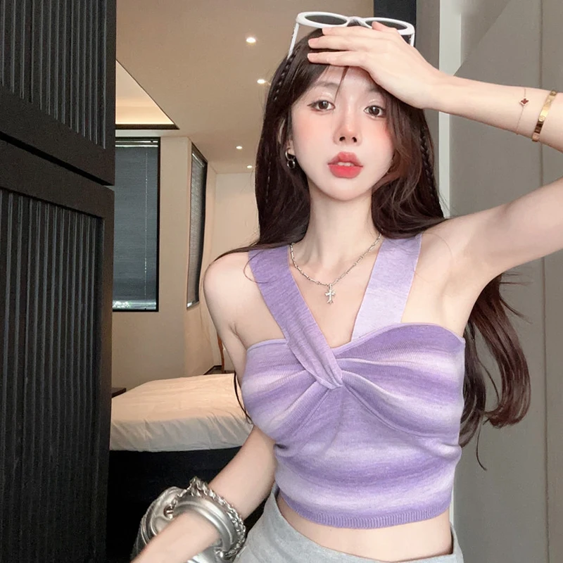 

Gradient Color Twisted Camisole Women Summer Pure Desire Sweet Sexy Short Tops