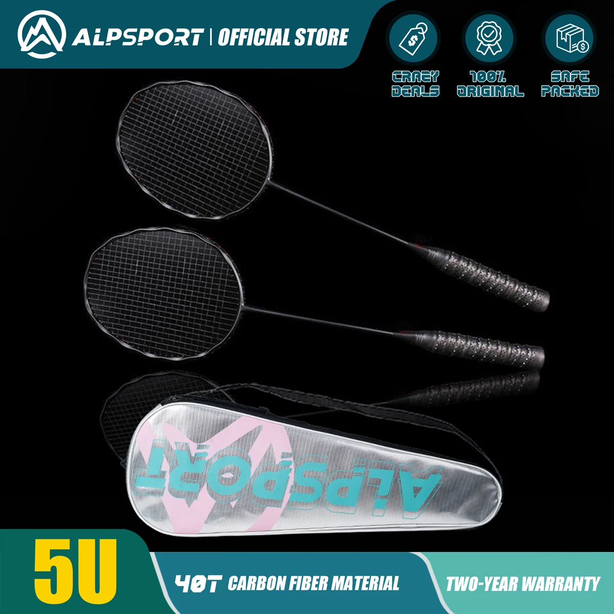 ALP V5 5U 2 pcs/lot Badminton Racket 75g MAX 30lbs Wave Frame T800 full carbon fiber (with cable and grip) Original Import