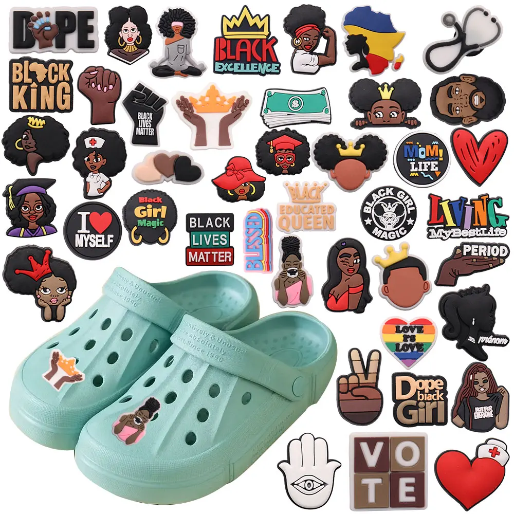 1PCS PVC Shoe Charms Black Girl Magic Hand Melanin Poppin Buckle Clog Garden Shoes Button Accessories Hole Slipper Decoration