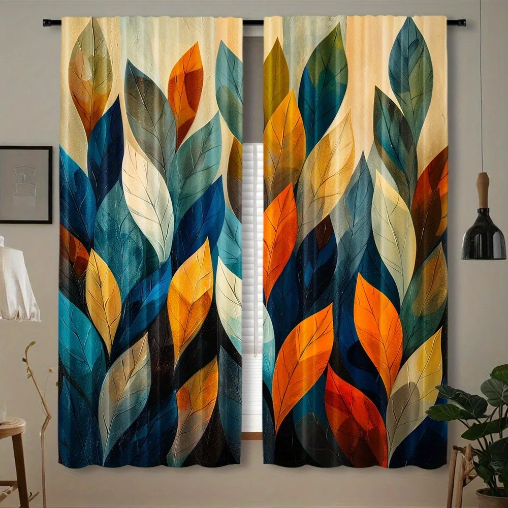 2 pieces of bright abstract leaf printed curtains - pole bag, semi-transparent polyester fiber, machine washable - perfect for b