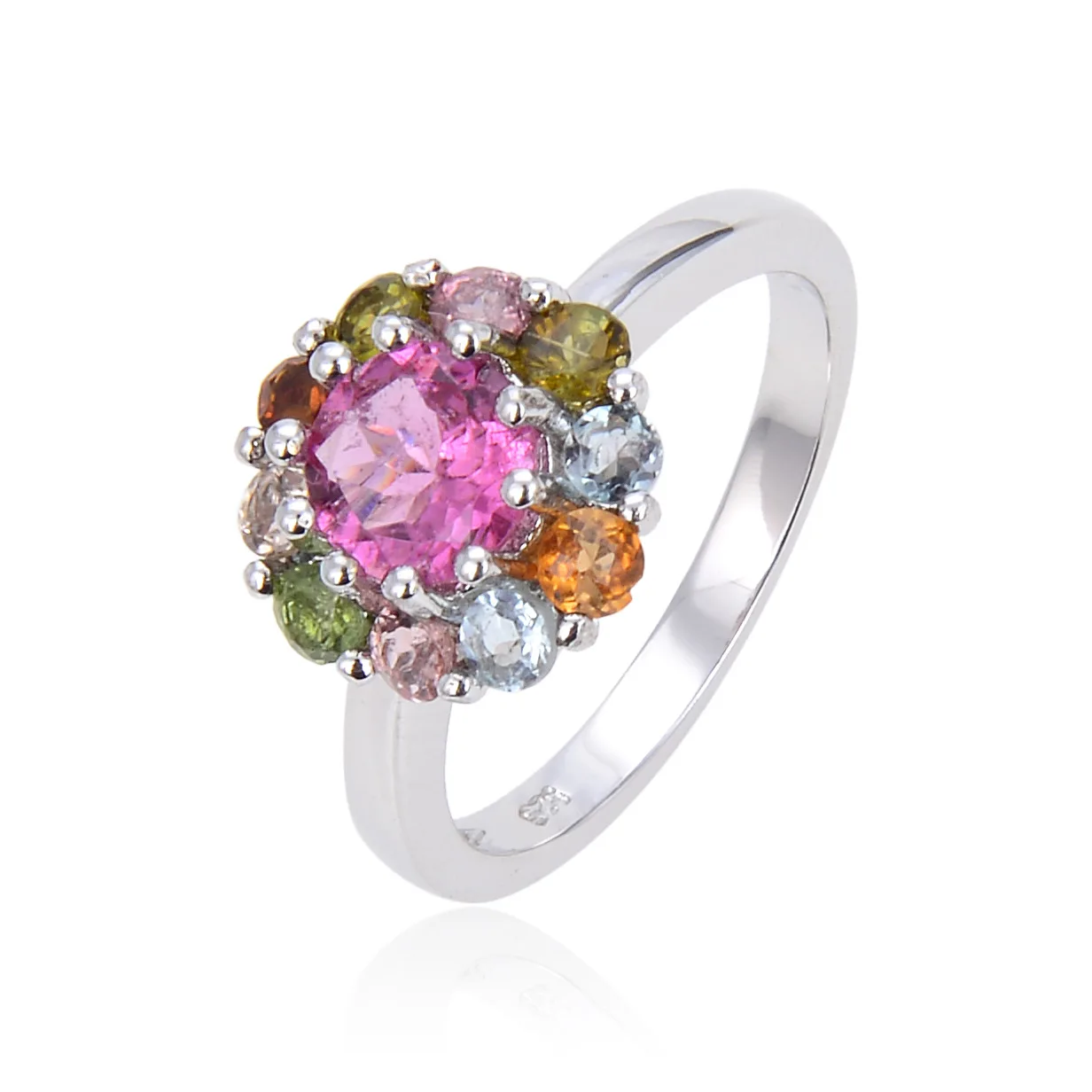 

Floral Natural Garnet Ring S925 Silver Cluster Inlaid Tourmaline Emerald Colorful Gemstone Ring