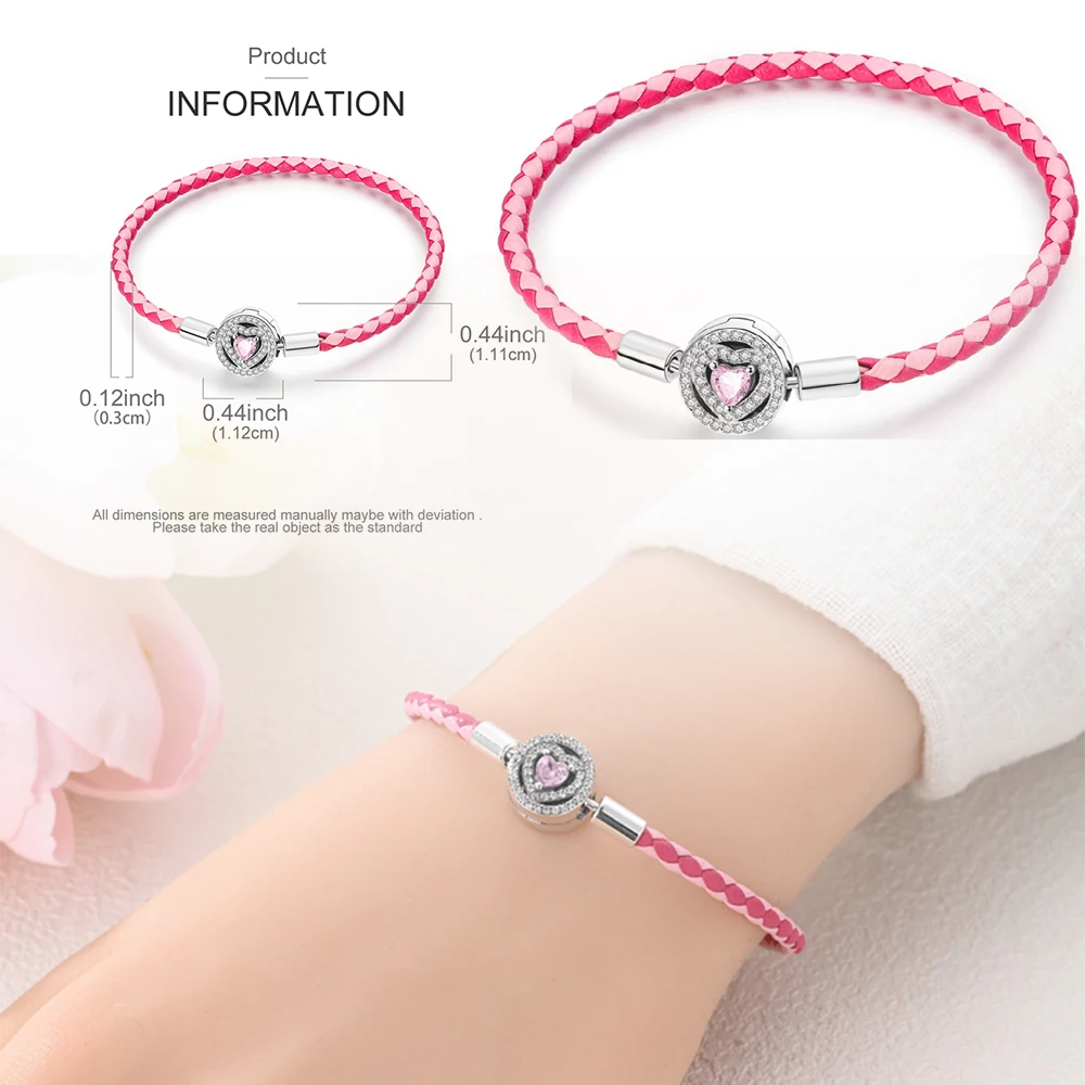 Maiden 925 Sterling Silver Pink Heart-Shaped leather Rope Hand Woven Basic Chain Romantic Lover Gift Jewelry