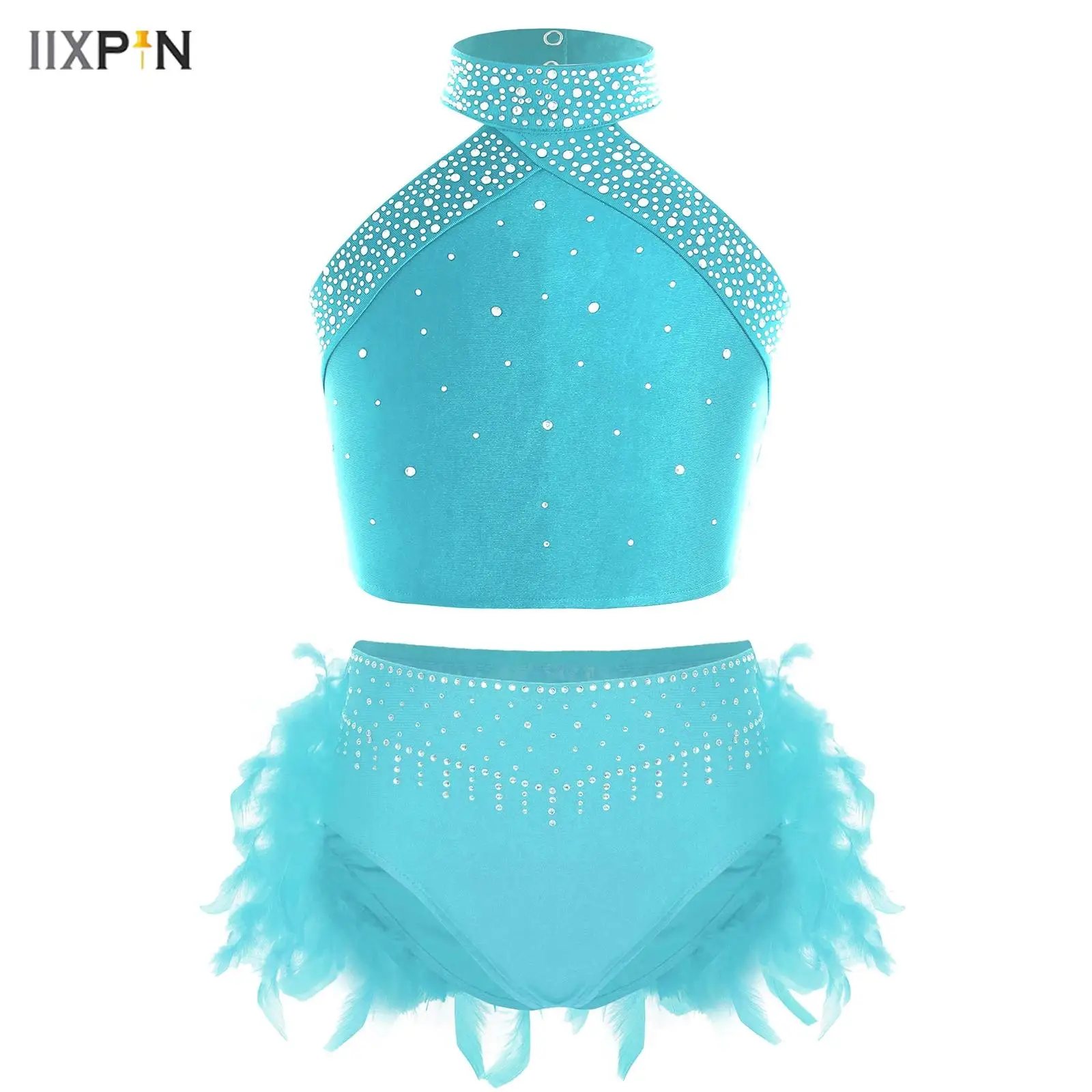 Kids Girls Ballet Dance Outfit Sparkly Rhinestones Halter Neck Sleeveless Cross Back Vest + Feather Skirted Briefs Jazz Costumes