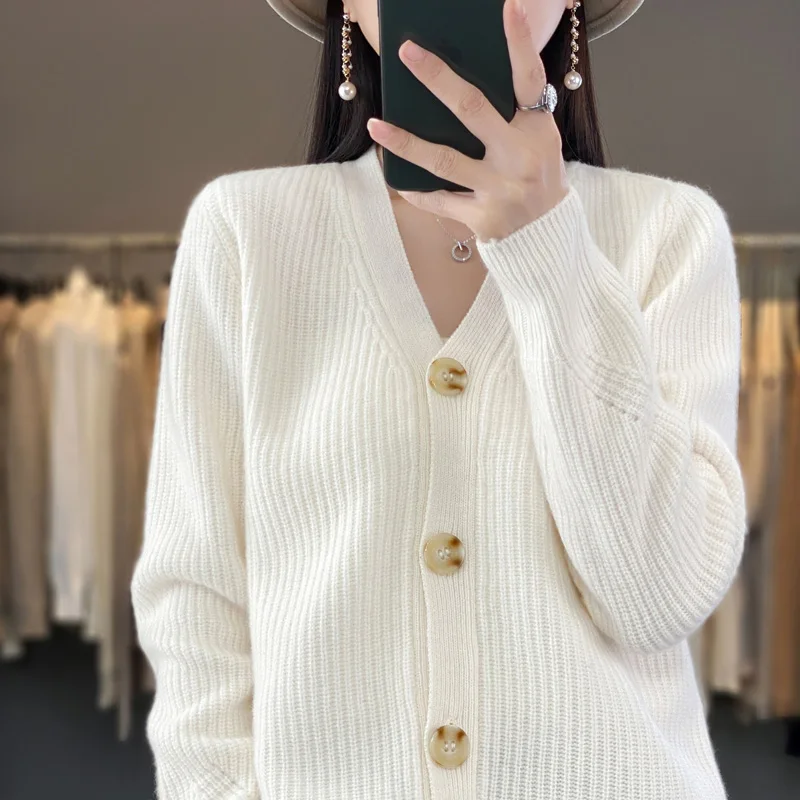

Autumn Winter Women 100% Merino Wool V-Neck Long Sleeve Cardigan Simple Fine Stripe Button Casual Versatile Cashmere Knitwear