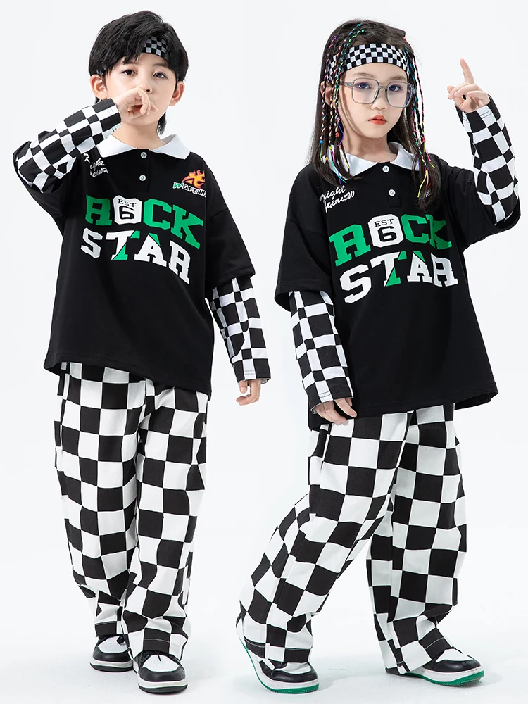 Nuovi costumi di danza Jazz per ragazze camicie larghe Plaid pantaloni Hiphop abiti ragazzi sala da ballo Hip Hop Performance Wear DQS11514