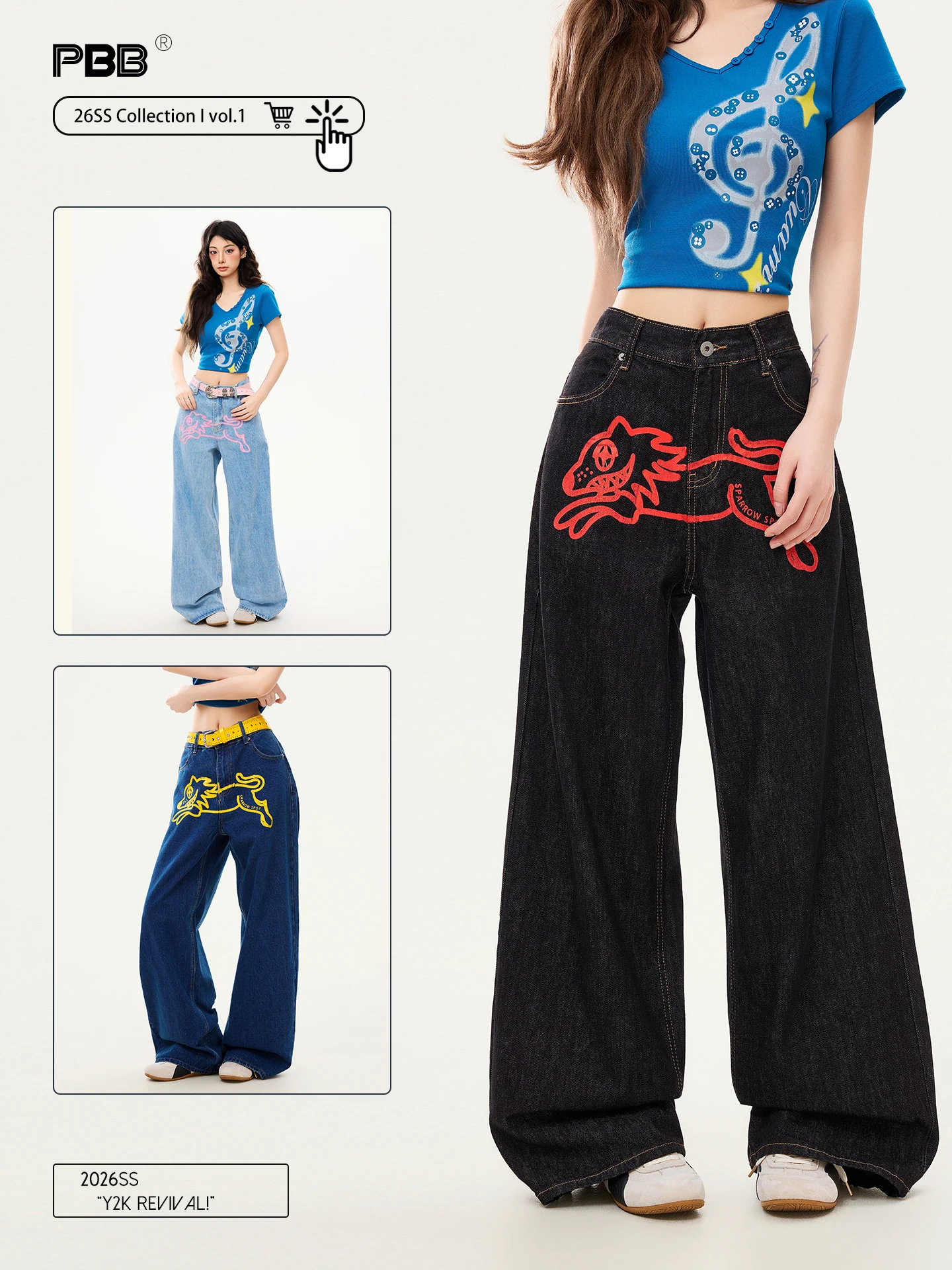 

PBB High Waist Wide Leg Jeans Women's Original Color Casual Cartoon Print Loose Fit Floor Length Knife Denim Jeans