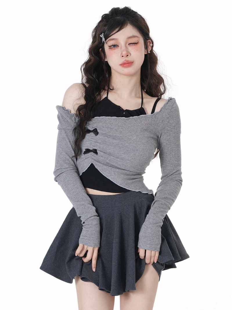 Y2K Grey Two Piece Set Spicy Girl Top Slim Sexy Hotsweet Women Short Shirt Off Shoulder Long Sleeved T-shirt Hanging Neck Bow