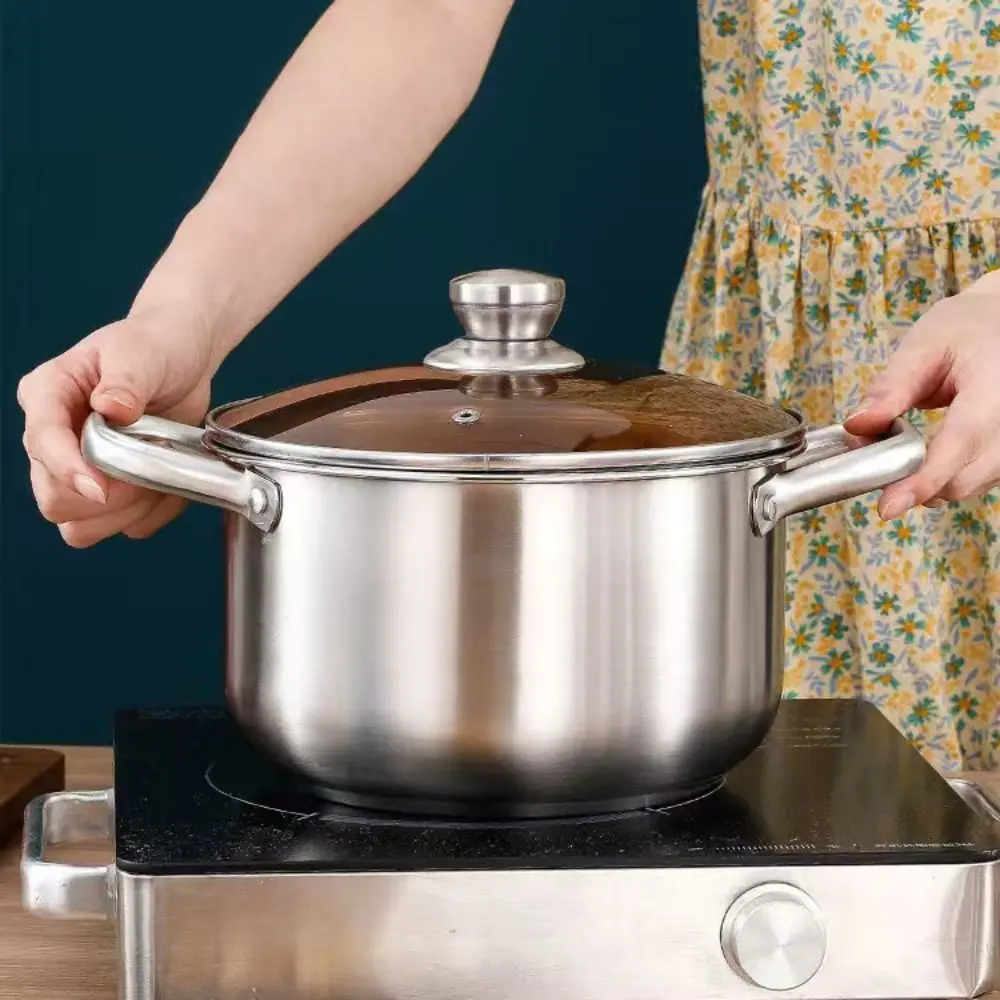 

Household Thickened Stainless Steel Stew Pot Glass Lid Rust-proof Milk Pot Flat-bottomed Hot Pot Porridge