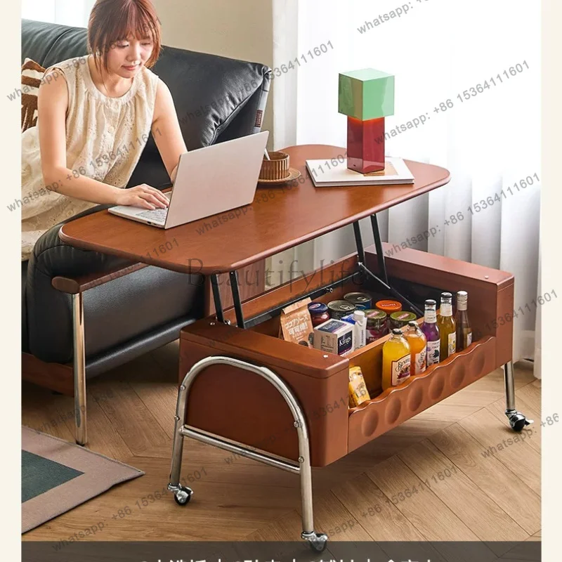 Solid wood mobile coffee table, French vintage living room, small home layout, adjustable tea table