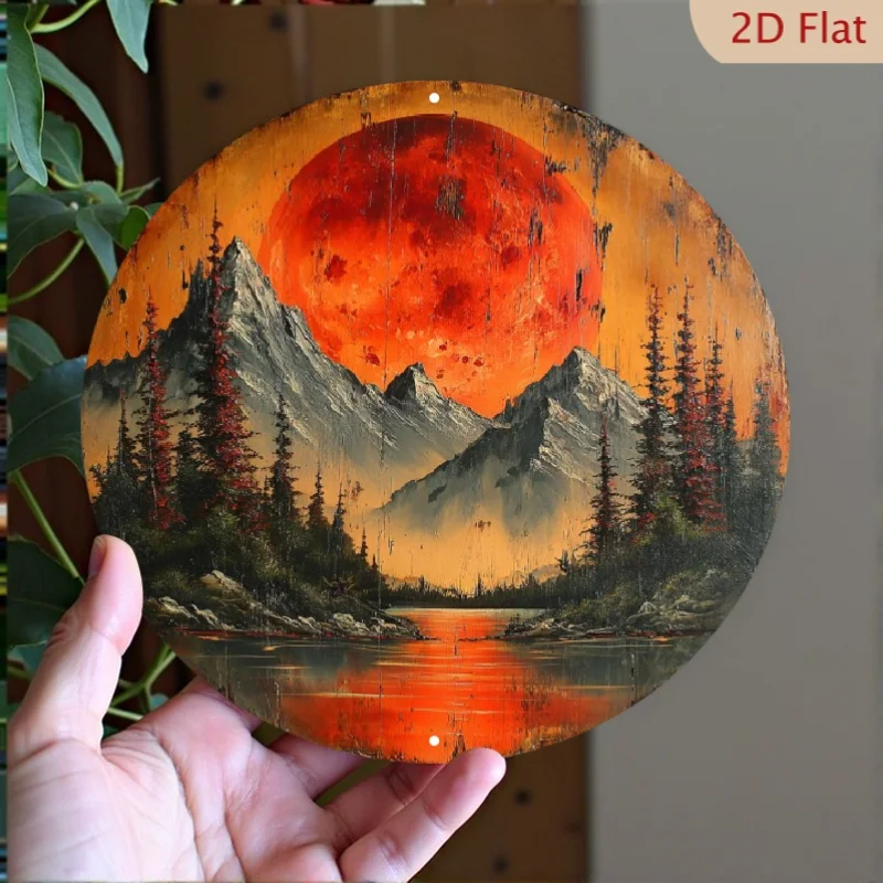 

Aluminum Round Wall Art - HD Printed Mountain Landscape With Trees, Moon Water Reflection, American-Style