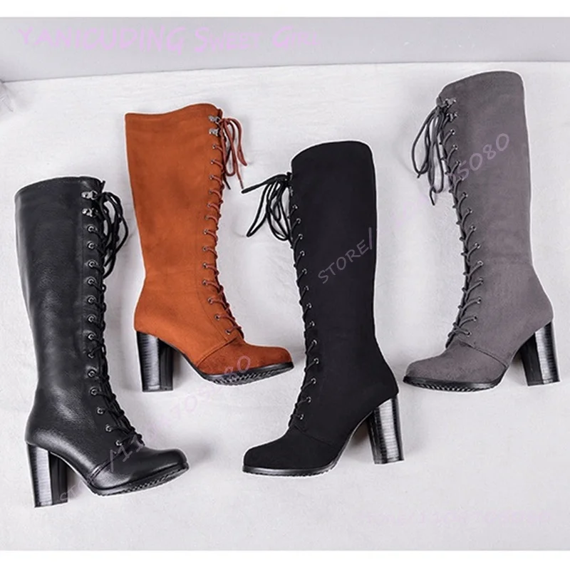 الأحذية النسائية الجلد المدبوغ الأسود الدانتيل متابعة صندل بكعب مكتنز النمط البريطاني عادية رمادي الدانتيل متابعة المحمر البني الدانتيل متابعة أحذية عمل الشتاء عادية #4
