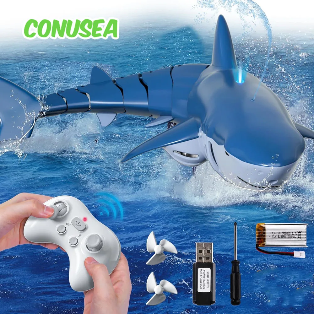 RC Shark รีโมทคอนโทรลปลาวาฬสเปรย์น้ําหุ่นยนต์เด็กของเล่นวิทยุควบคุมเรือสระว่ายน้ําของเล่นเด็กเด็ก