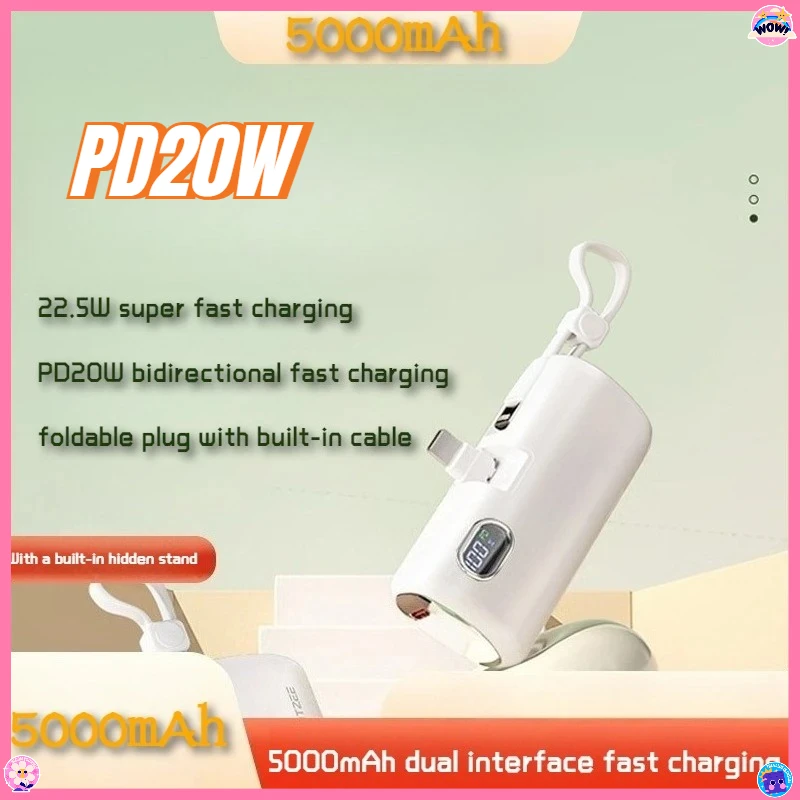 

5000mAh Capsule Power Bank with Fast Charging Large Capacity Small and Portable Emergency Mobile Power Source Built-in Cable