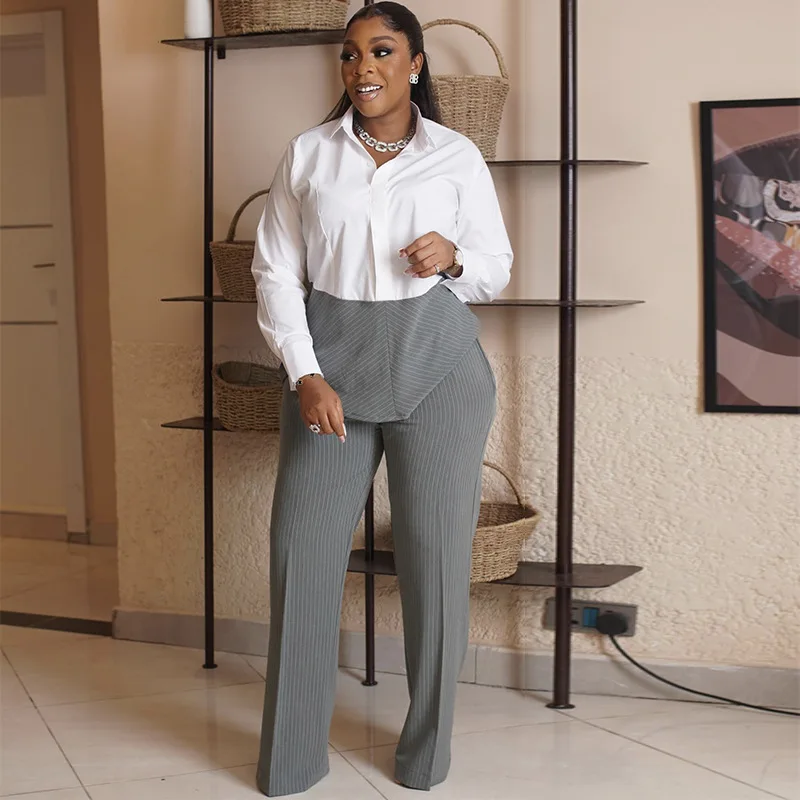 Women's 2026 Run! New Random Lapel. Shirt And Strip Patchwork Wide-leg Pants. Set Evening Dresses Beach Robe Femme Luxury