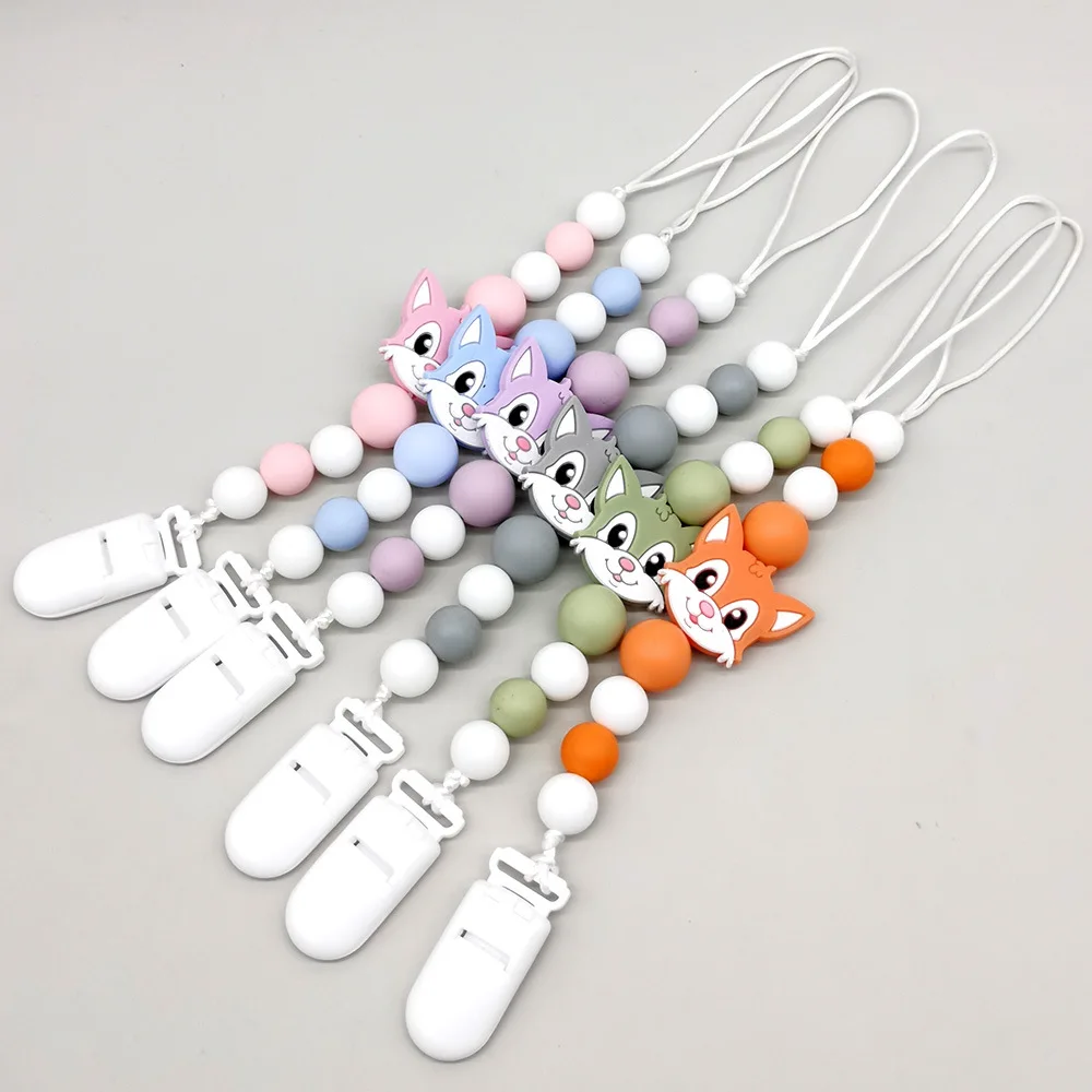 

Baby Pacifier Clip Chain Teether Anti-drop Chain Small Fox Cat Silicone Bead Pacifier Chain Baby Products