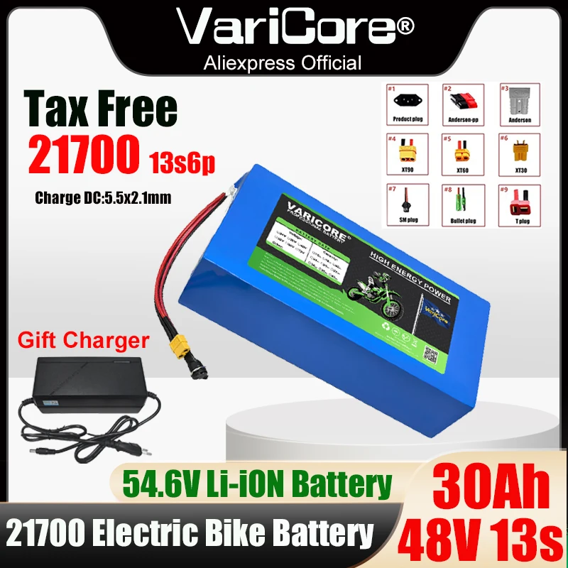 

Литиевый аккумулятор VariCore 48 В, 30 Ач, 13s6p 21700, 1200 Вт, 1440 Вт, встроенная защита BMS с зарядным устройством 54,6 В, 2 А