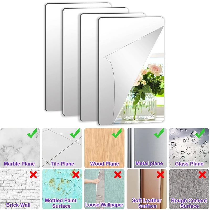 4pcs Acrylic Mirror Sheets Flexible Non Glass with 16pcs Self Adhesive Stickers