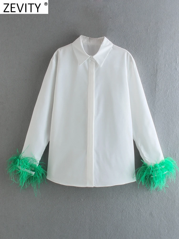 Zevity New Women Fashion Green Feathers Decoration White Poplin Blouse Ladies High Street Party Shirts Chic Blusas Tops LS10011