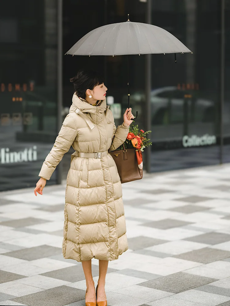 Women\'s Long Coats Down Fashion White Duck Down Coats with Belt Slim Solid Color Oversized Thickened Warm Hooded Down Jacket