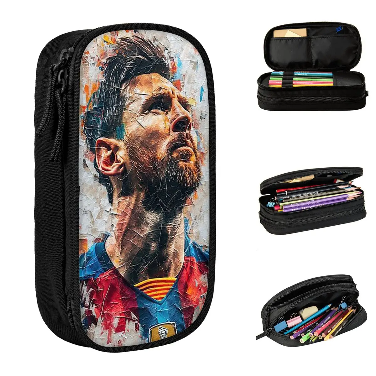 Football Messi Print Pencil Case Double Layer Large-capacity For School Pencil Case Stationery Suprise Gift