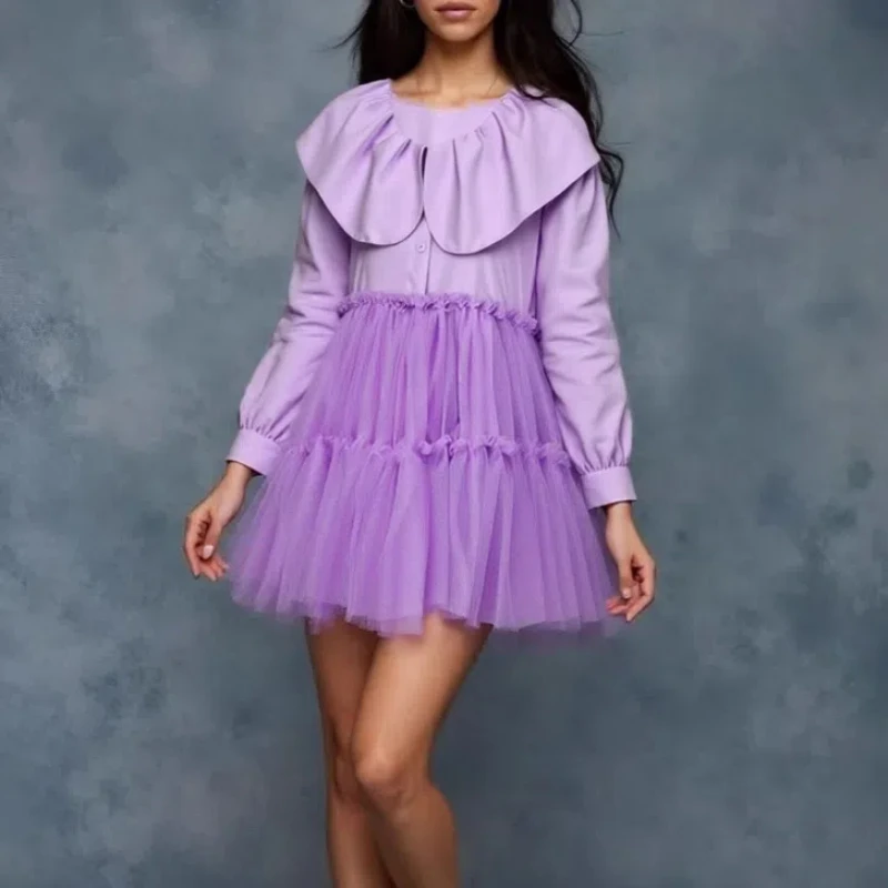 Estilo coreano vintage gola boneca manga longa vestido feminino retalhos vestidos de malha para mulher mini vestido feminino