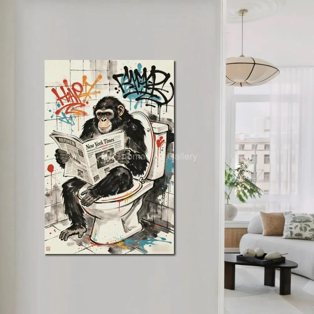 Oversize Modern Pop Art Chimpanzee on Toilet Canvas Print Humorous Graffiti Monkey Wall Art for Man Cave Bar Pub Decor