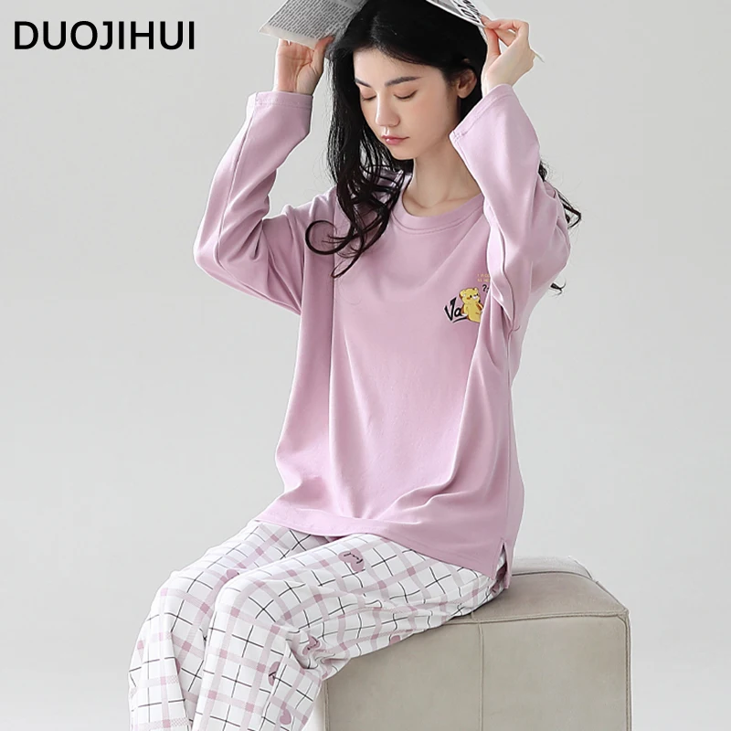 DUOJIHUI Contrast Color Chicly Print Female Pajamas Set Autumn O-neck Pullover Basic Pant Simple Loose Fashion Pajamas for Women