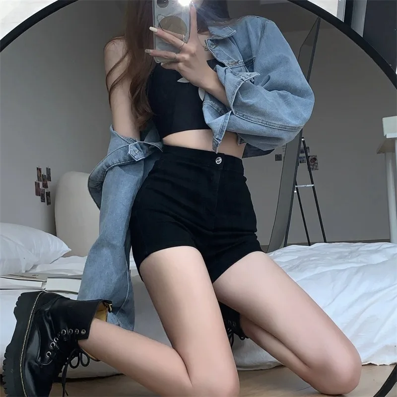 

Bla Slim Fit Denim orts Женские летние тонкие эластичные пряные брюки трапециевидной формы с высокой талией ультра-короткие прямые брюки
