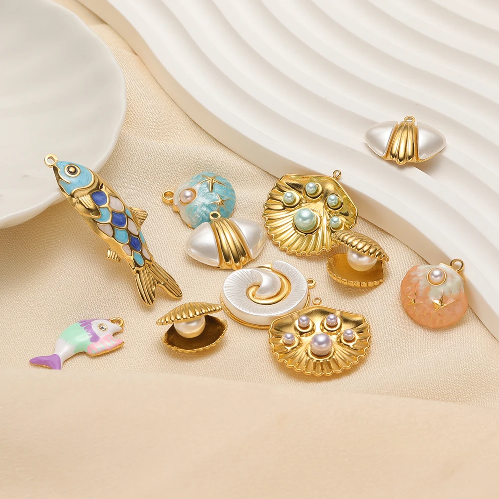 4 Stück Edelstahl-Emaille-Fischanhänger, Muschel-, Muschelschalen-Anhänger für DIY-Schmuck, Armband-, Halsketten- und Ohrringherstellung – Detail 5
