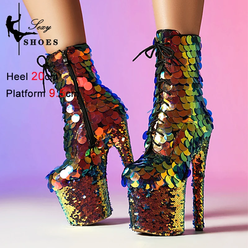 20CM Extreme High Heels Nightclub Sexy Knight Boot Pole Dance Stripper Shoes Sequined Platform Boots For Women 8Inch Short Botas