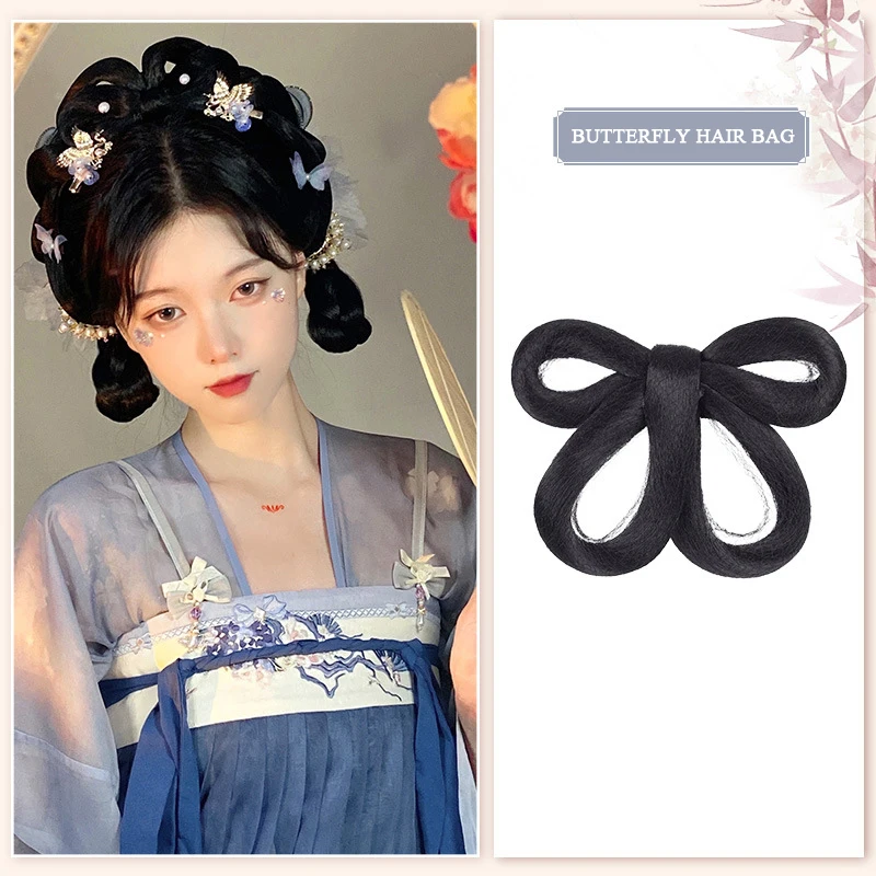 Synthetic Chinese Ancient Wig Women Hanfu Wigs Headdress Photography Dance Accessory Wigs Black For Women Integrated Hair bun