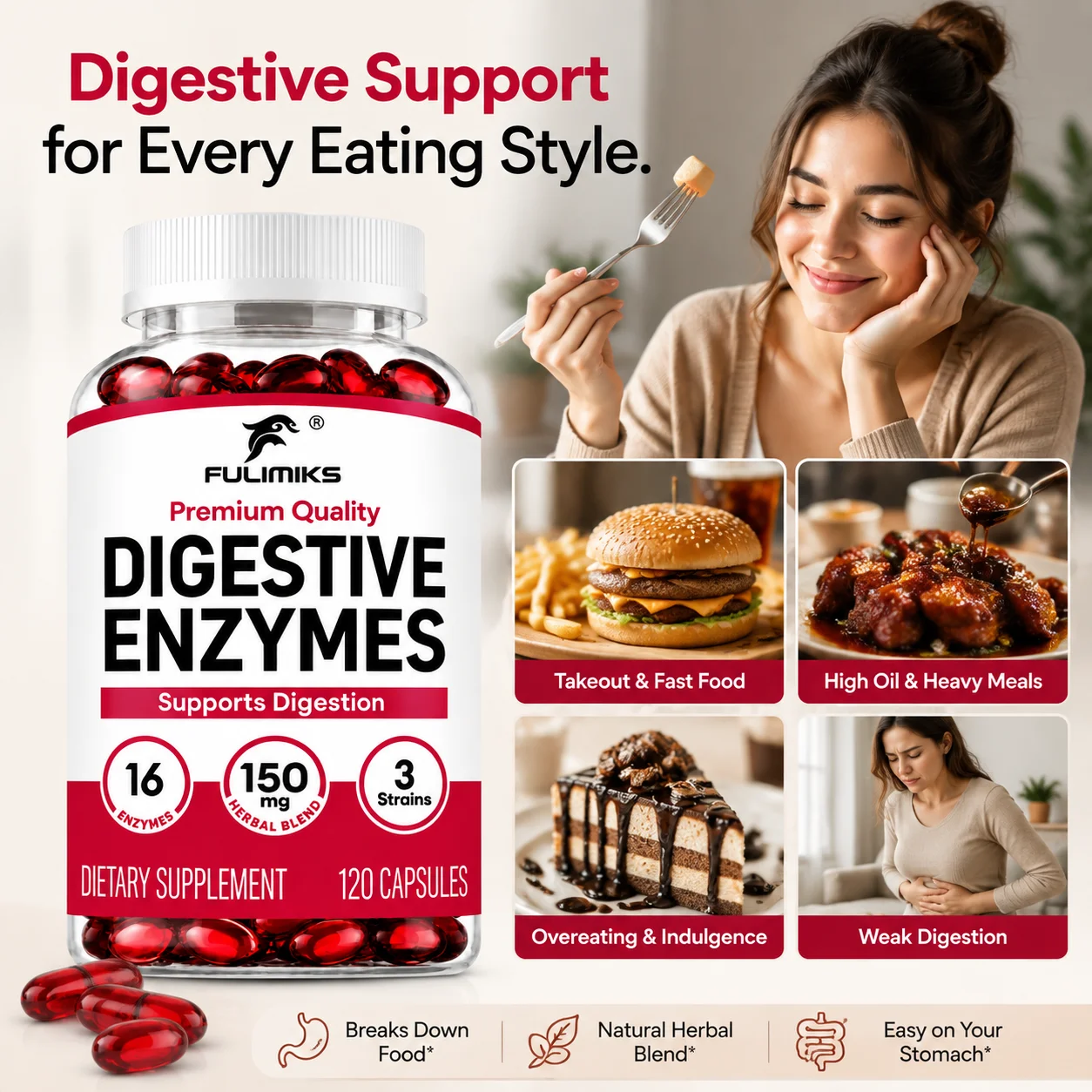 Digestive Enzymes Capsules, Support Gut Digestion & Break Down Heavy Takeout Food, Messy Eating Habits, for Busy Office Workers