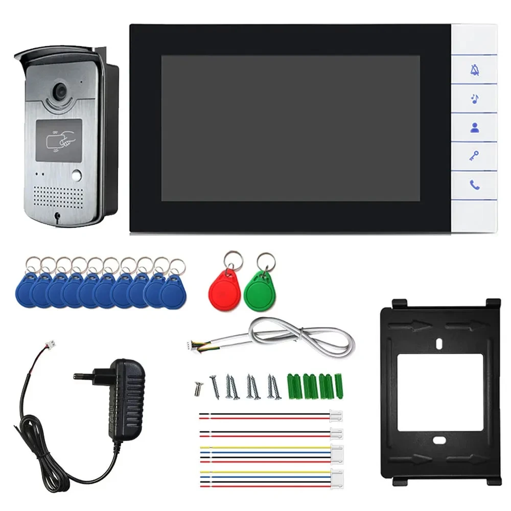 Sistema de intercomunicación para puerta, videoportero con cable de 7 pulgadas, 1 Monitor + 1 acceso RFID, cámara IR 700TVL + cerradura de puerta de