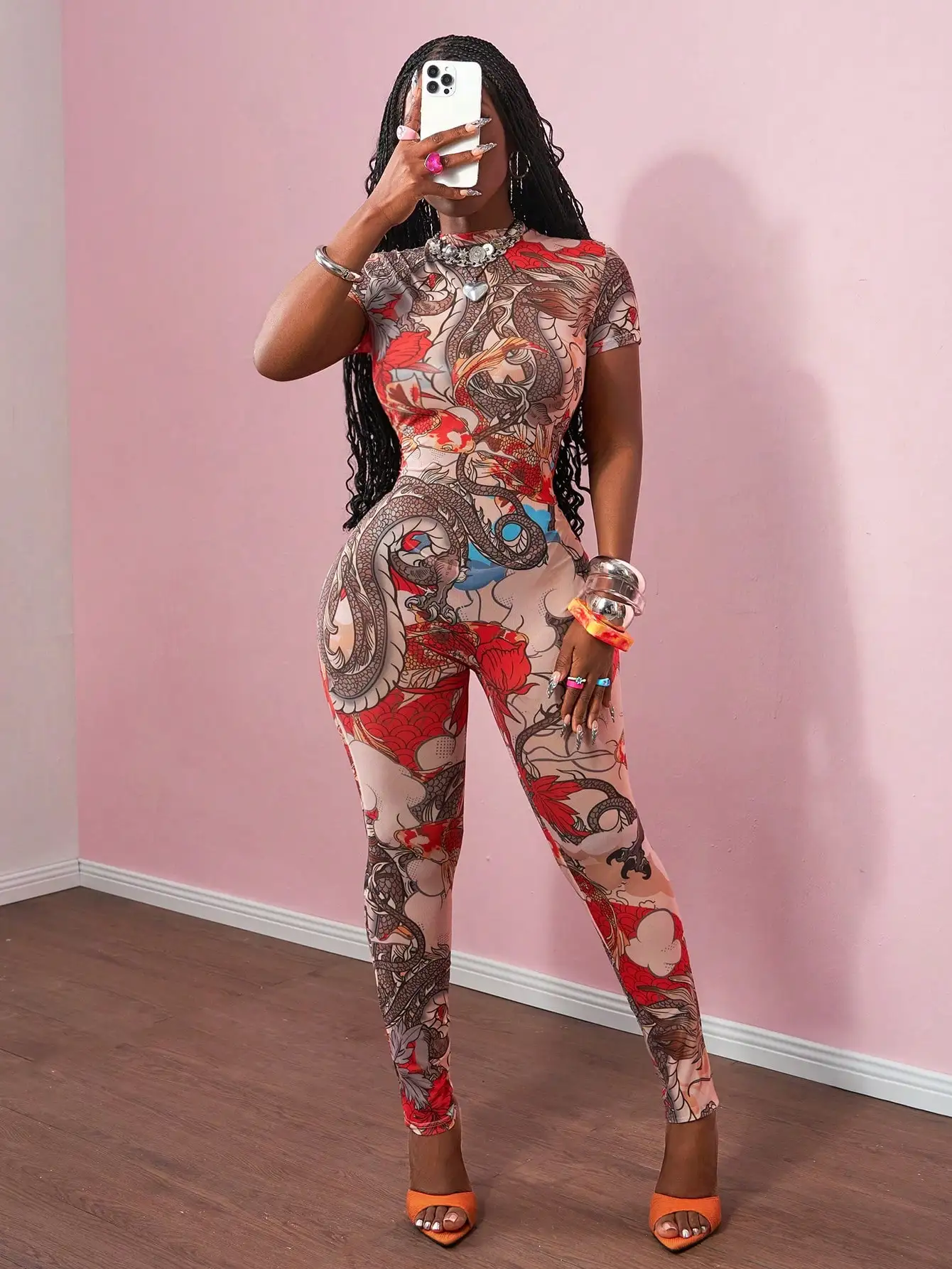 Kombinezon z siateczki z nadrukiem smoka w dużych rozmiarach z stójką - seksowna odzież uliczna na festiwale muzyczne