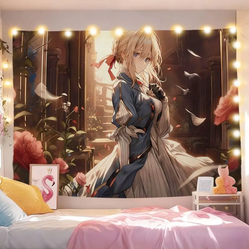 VIKAMA Kawaii Violet Evergarden Anime Girl Tapestry, Soft Fabric Wall Hanging Aesthetic Decor for Dorm Bedroom Home
