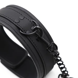Thierry SM Products Bondage Neck Collar with Metal Chain Leash Bdsm Sex Toys Faux Faux Lestraintフェチアダルトセックスおもちゃ 8ベストセールスヘビースチールBDSMカラー-3