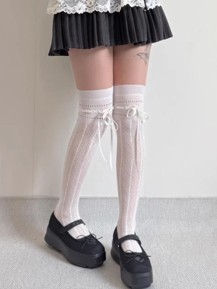 Japanese Style Lolita Thigh High Stockings Sexy Openwork Sweet Lace Up Bow Kawaii White Overknee Socks JK Cos Fishnet Stockings
