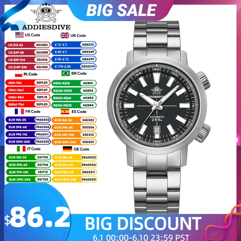 

ADDIESDIVE New Men Watch Automatic Mechanical 8215 Movement Super Luminous BGW9 Sapphire Glass 200m Waterproof 42mm Wristwatch