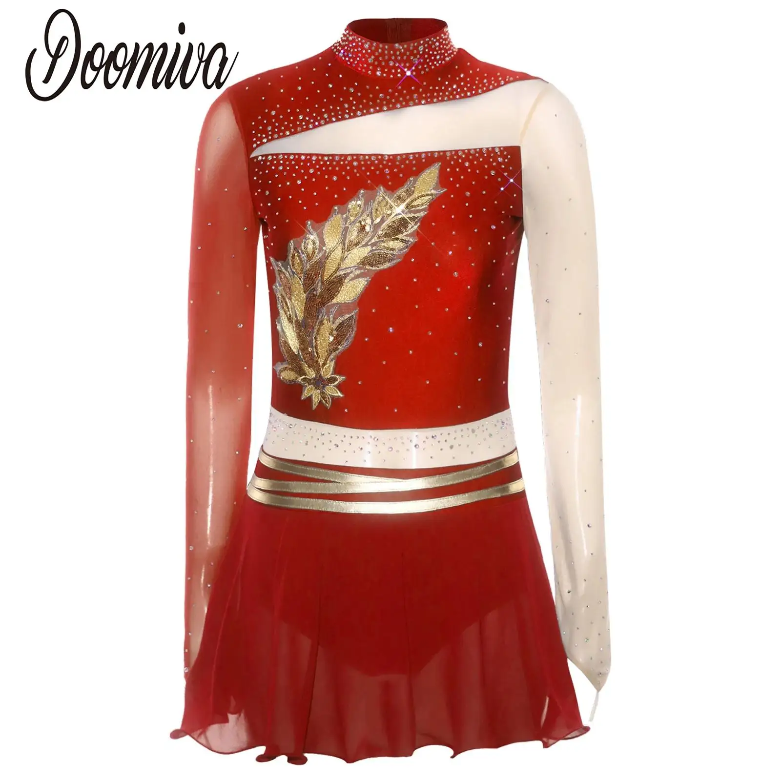 

Women Ruched Figure Skating Lyrical Dancing Dress Round Collar Long Sleeve Rhinestones Leotard Dance Dress for Stage Performance