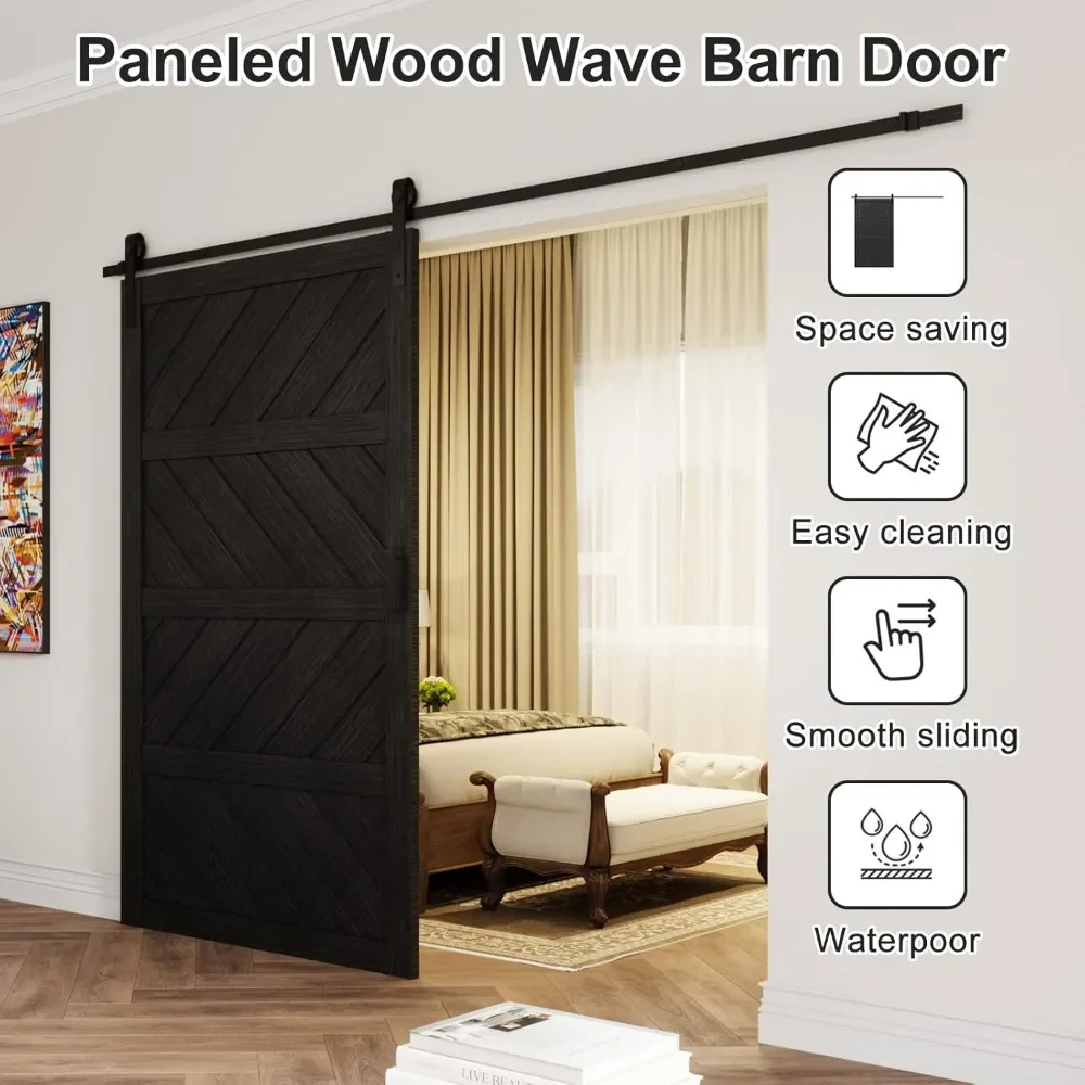 Sliding Barn Door 48”×84”, Paneled Wood Wave Barns Doors,Hardware Kit Included,Water-Proof PVC Surface, Sliding Barn Door