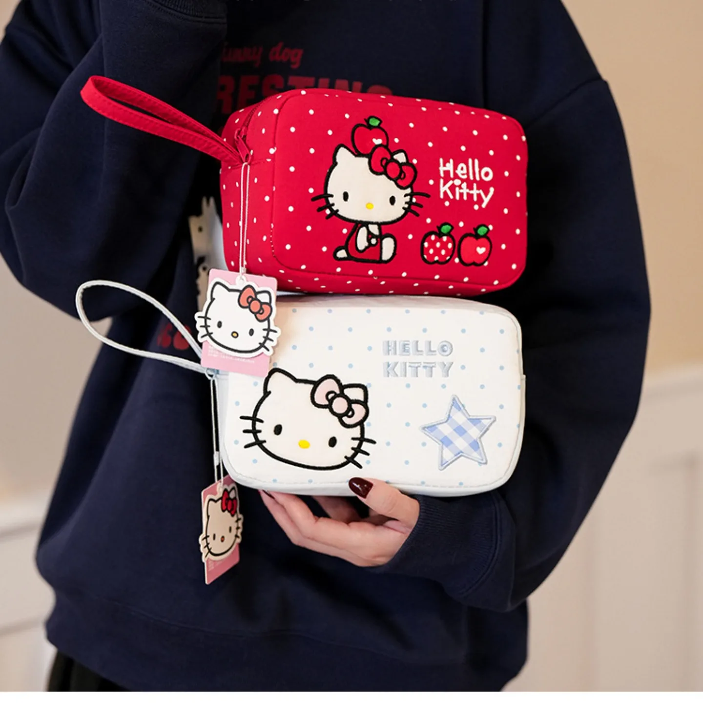Polka Dot Embroidered Handheld Makeup Bag Cute KT Cat Large Capacity Travel Toiletry Storage Bag Available in Multiple Colors Po