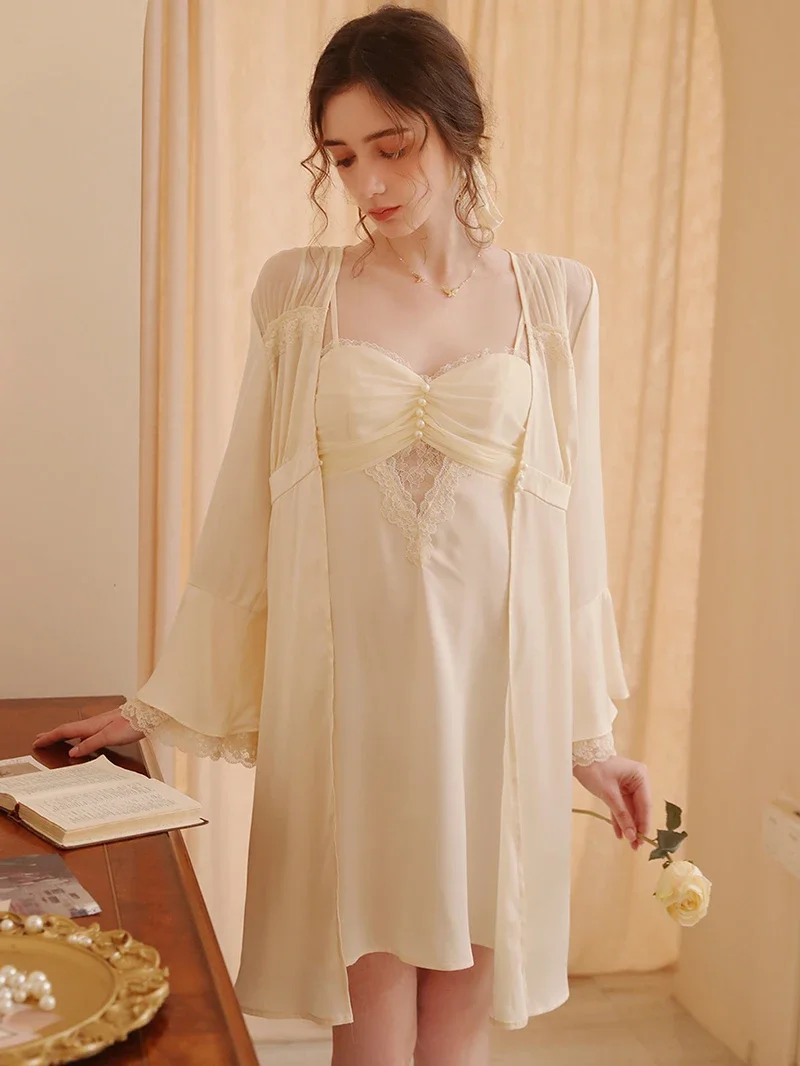 Women Sexy Princess Two Piece Set Spring Summer Ribbon Lace Robe Gown Suit Nightwear Sleepwear Home Victorian Nightgowns