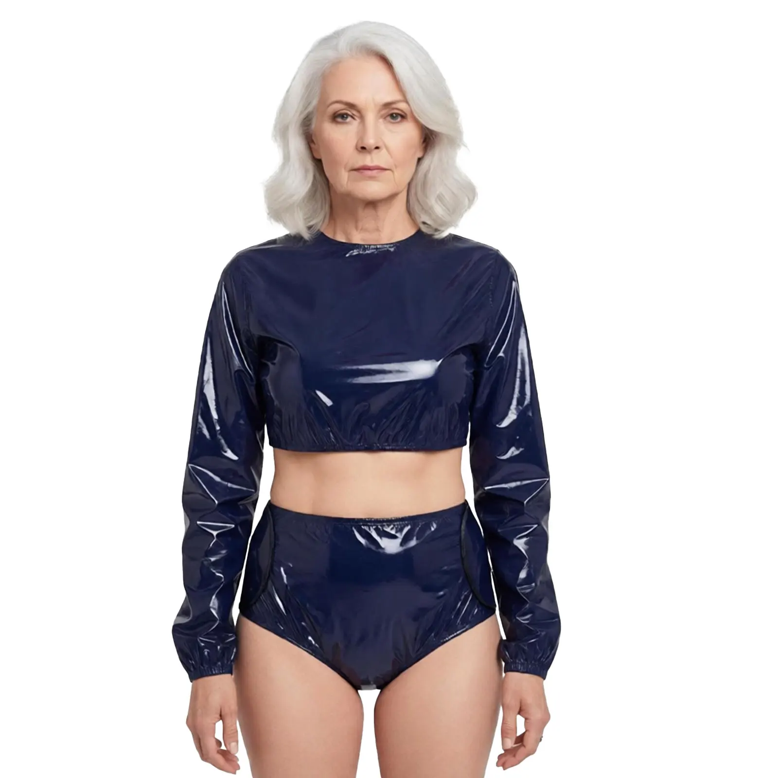 Women Waterproof Adaptive Set Two Pieces Swimwear Long Sleeve Crop Sweat Top And Diaper Cover Shorts Briefs Rave Party Clubwear