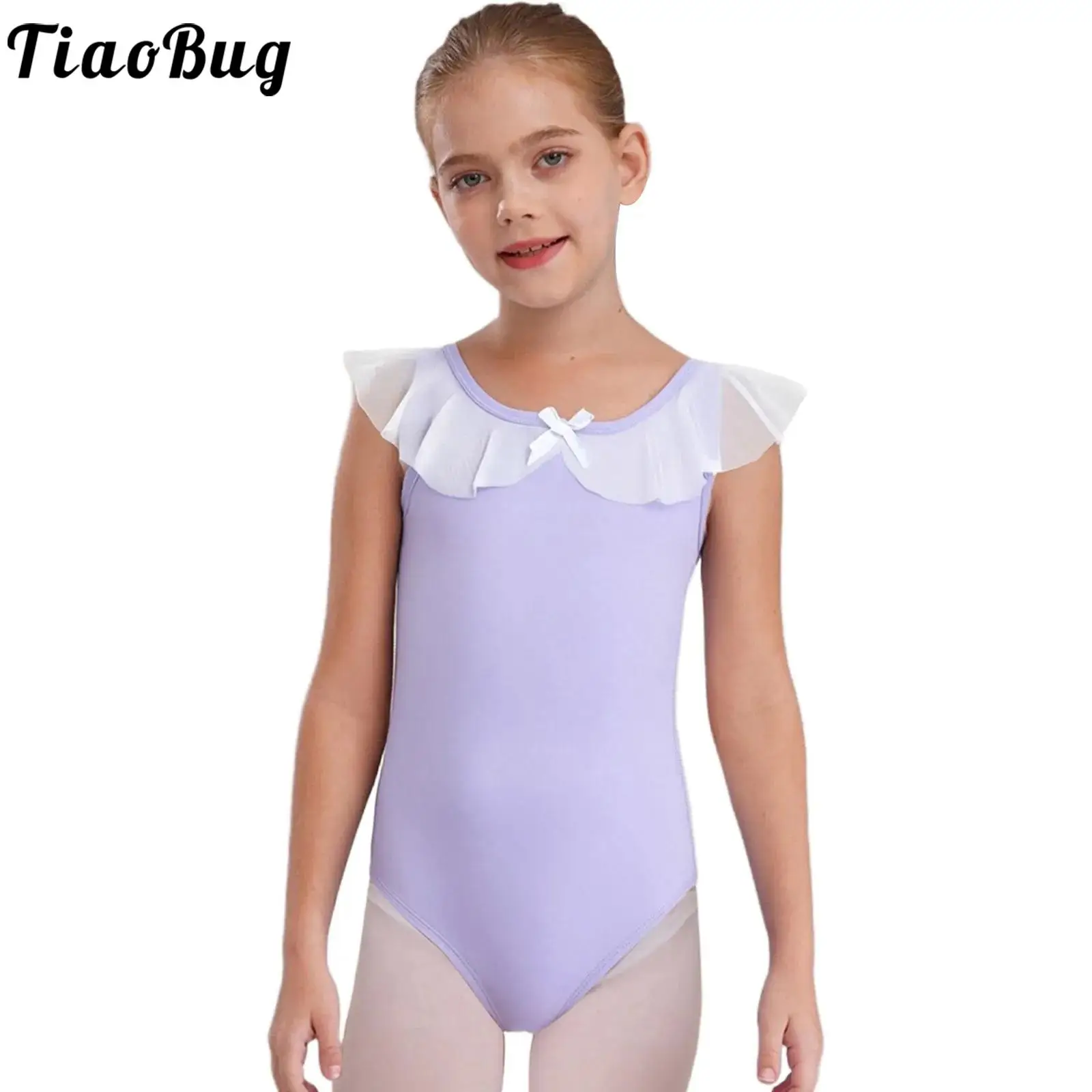 Kids Girls Mesh Ruffle Sleeveless Backless Bodysuit Leotard Set Artistic Ballet Gymnastics Dance Practice Stage Performance Wear
