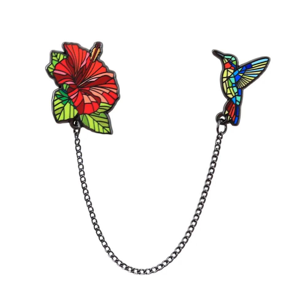 Origami Hummingbird And Red Hibiscus Flower Chain Enamel Pin Collar Decoration Natural Jewelry Gifts For Bird Flower Lovers