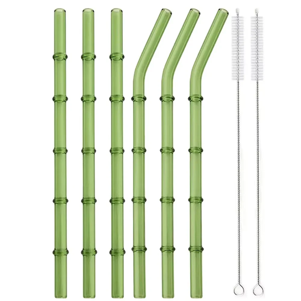 Pajitas de vidrio reutilizables con bolsa y cepillo, juego de pajitas con forma de bambú, adecuadas para batidos, jugos, café, accesorios de barra, 2/6 unidades